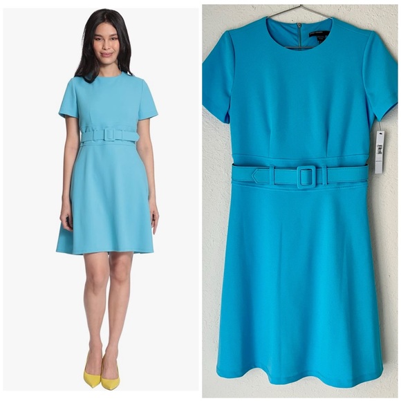 Maggy London Crepe Crew Neck Fit & Flare Dress Wide Belt Back Zip Career Office - Picture 1 of 13